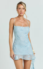 Nelly Mini Dress - Sequin Cowl Neck Spaghetti Draped Frilled Dress in Blue