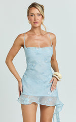 Nelly Mini Dress - Sequin Cowl Neck Spaghetti Draped Frilled Dress in Blue