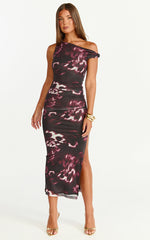 Nenita Midi Dress - One Shoulder Mesh Dress in Botanical Haze