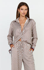 Noelle Top - Geo Border Print Button Front Long Sleeve Shirt in Geo Border Print