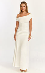 Ophelia Maxi Dress - Off Shoulder Ruched Fit And Flare Dress in Ivory