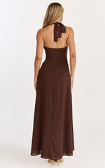 Penelope Maxi Dress - Halter Tie Back Neck Dropped Asymmetric Fit And Flare Dress in Chocolate