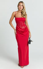 Rania Maxi Dress - Contrast Lace Bodice Bias Cowl Drop Waist Dress in Red