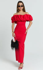 Rhaya Midi Dress - Ruffle Off Shoulder Fitted Dress in Red
