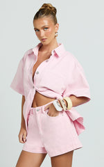 Rhianna Top - Oversized Recycled Denim Short Sleeve Shirt in Pink