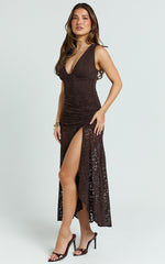 Rosanna Midi Dress - Plunge Lace Fit And Flare Dress in Chocolate