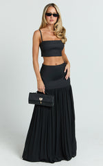 Rowan Two Piece Top and Skirt Set - Square Neck Crop Top and High Waist Pleated Maxi Skirt Set in Black