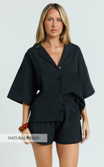 Saina Two Piece Set - Button Through Shirt and Drawstring Shorts Set in Black