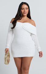 Virginia Mini Dress - Off Shoulder Sheer Sequin Knit Dress in White