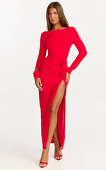 Vivienne Midi Dress - Boat Neck Long Sleeve Rosette Detail Dress in Red