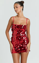 Wilfreda Mini Dress - Sequin Square Neck Bodycon Dress in Red
