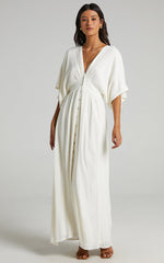 Sitting Pretty Maxi Dress - Short Sleeve Button Down Dress in Natural